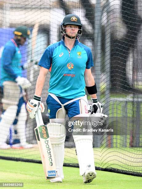 Steve Smith is seen in the practice nets during an Australian Test squad training session at The Gabba on December 16, 2022 in Brisbane, Australia.