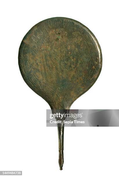 Handle mirror , cast, engraved, bronze, Total: Height: 32.5 cm; Diameter: 17.6 cm; Height: 11.4 cm ; Weight: 475.5 g, Early Hellenistic, The Early...