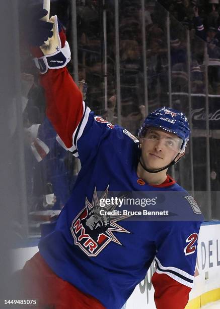 Jimmy Vesey of the New York Rangers scores a second period goal against Matt Murray of the Toronto Maple Leafs at Madison Square Garden on December...