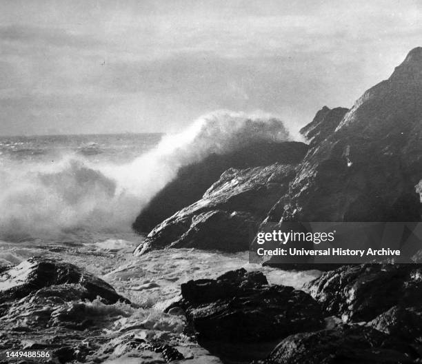 Rough sea near Land's End, a headland in western Cornwall, England, situated within the Penwith peninsula. Land's End is the most westerly point of...