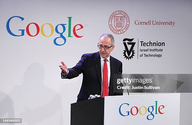 Cornell University president David Skorton speaks during a news conference at the Google offices on May 21, 2012 in New York City. Google announced...