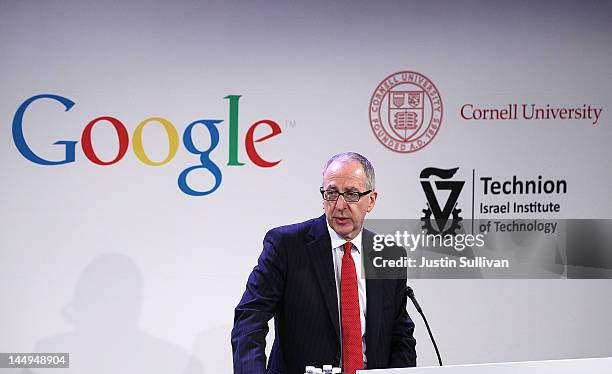 Cornell University president David Skorton speaks during a news conference at the Google offices on May 21, 2012 in New York City. Google announced...