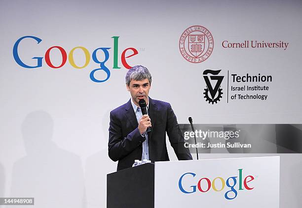 Google co-founder and CEO Larry Page speaks during a news conference at the Google offices on May 21, 2012 in New York City. Google announced today...