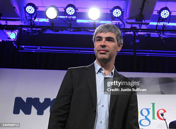 Google co-founder and CEO Larry Page speaks during a news conference at the Google offices on May 21, 2012 in New York City. Google announced today...