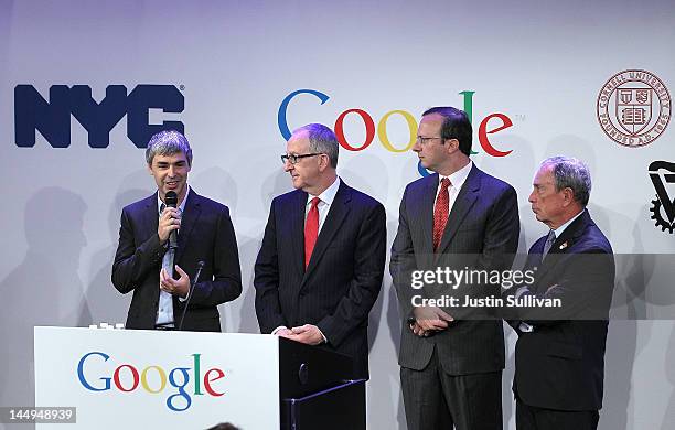 Google co-founder and CEO Larry Page speaks as Cornell University president David Skorton, Technion director Craig Gotsman and New York City Mayor...