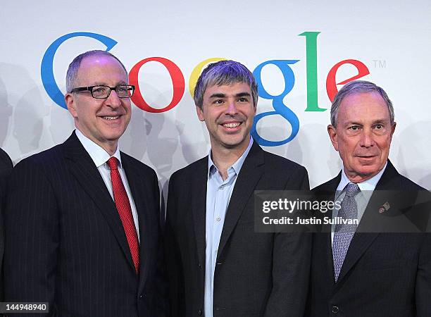 Cornell University president David Skorton, Google co-founder and CEO Larry Page and New York City Mayor Michael Bloomberg pose for a photo following...