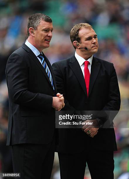 Sky television pundits Dean Ryan and Scott Quinnell look on prior to the Heineken Cup Final between Leinster and Ulster at Twickenham Stadium on May...