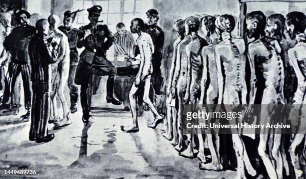 Selection of the sick for the gas chamber. Black and white drawing by Jerzy Potrzebowski was a Polish painter.