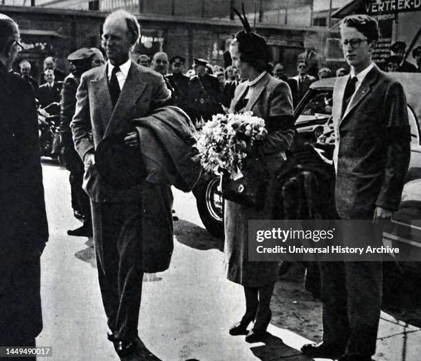 King Leopold of the Belgians, accompanied by Crown Prince Baudouin, with his second wife Princess of Rethy in Amsterdam. Leopold III was King of the...