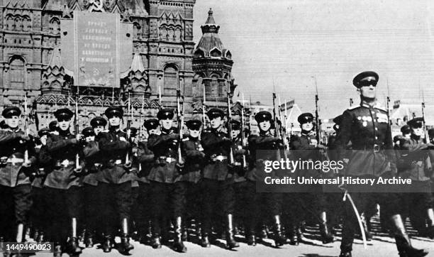 Moscow's Labour Day and its war-like parades. The May Day Parade in Moscow. From the Illustrated London News, 1948.