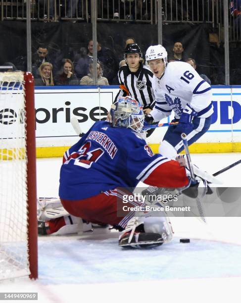 Mitchell Marner of the Toronto Maple Leafs is stopped late in the third period by Igor Shesterkin of the New York Rangers putting an end to his g23...