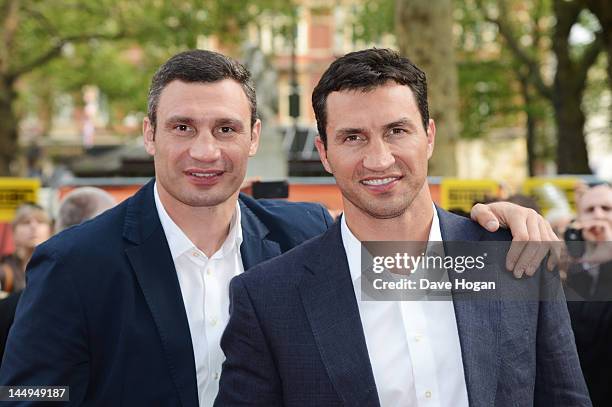 Vitali Klitschko and Wladimir Klitschko attend the UK premiere of Klitschko at The Empire Leicester Square on May 21, 2012 in London, England.