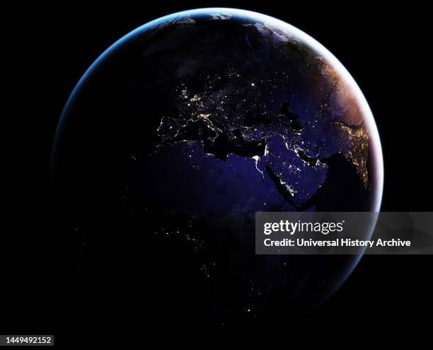 Nightime view of the earth from Space, showing Africa and Europe. 2016 NASA Earth Observatory images by Joshua Stevens, using Suomi NPP VIIRS data...