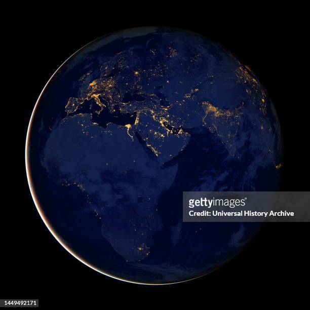 Nightime view of the earth from Space, showing Africa and Europe. 2016 NASA Earth Observatory images by Joshua Stevens, using Suomi NPP VIIRS data...
