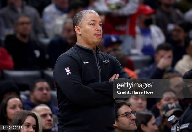 Head coach Tyronn Lue of the LA Clippers watches during a 99-88 win over the Minnesota Timberwolves at Crypto.com Arena on December 14, 2022 in Los...