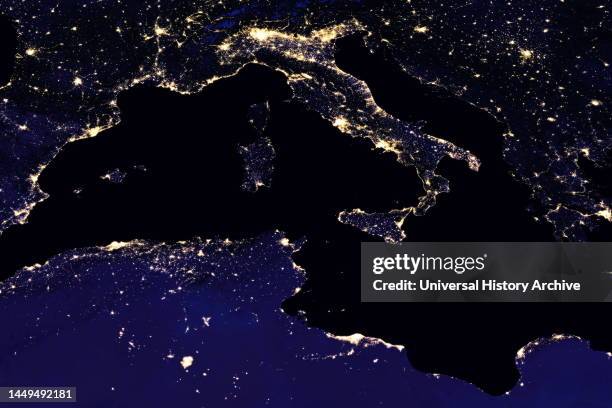 Nightime view of the earth from Space, showing Africa and Europe. 2016 NASA Earth Observatory images by Joshua Stevens, using Suomi NPP VIIRS data...