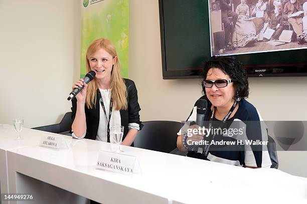 Olga Aylarova and Kira Saksaganskaya speak at the Russian Film Panel during the 65th Annual Cannes Film Festival at the Russian Pavillion on May 21,...