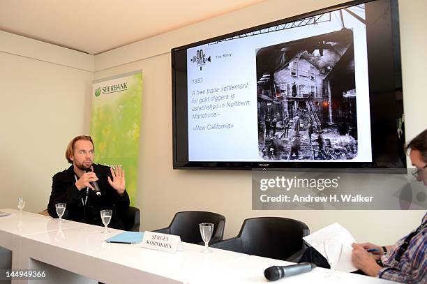 Sergey Kornikhin speaks at the Russian Film Panel during the 65th Annual Cannes Film Festival at the Russian Pavillion on May 21, 2012 in Cannes,...