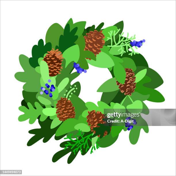 christmas wreath pine cones and berries version two - wreath on door stock illustrations