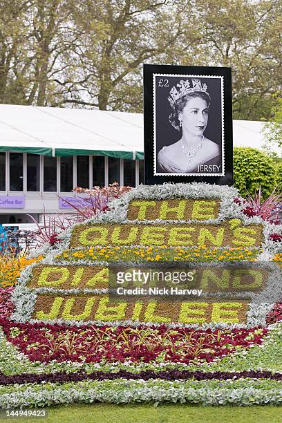 A general view of a flower bed displaying the message 'The Queen's Diamond Jubilee' at the press and VIP preview day for The Chelsea Flower Show at...