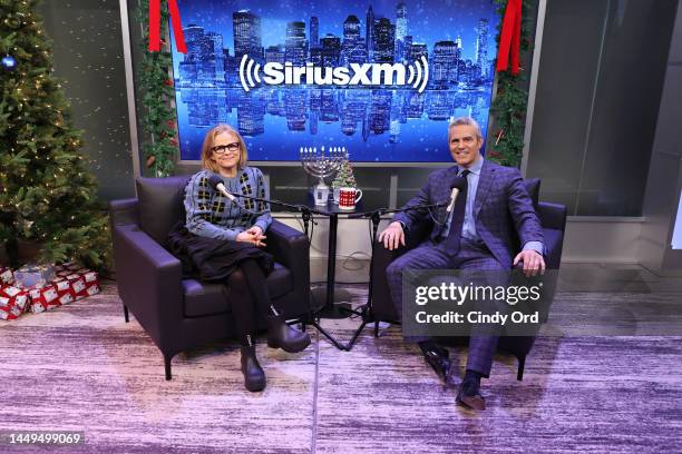 SiriusXM host Andy Cohen and actress/ comedian Amy Sedaris take part in SiriusXM's Radio Andy Annual Holiday Hangout at SiriusXM Studios on December...