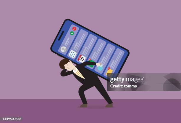 ilustrações, clipart, desenhos animados e ícones de empresário se estressa de um telefone celular - information overload