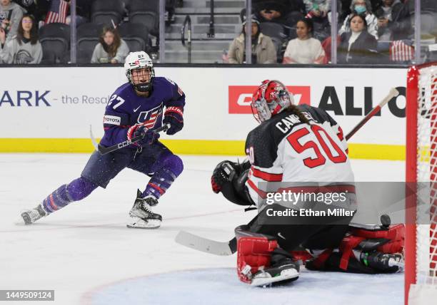 Kristen Campbell of Team Canada makes a save against Taylor Heise of Team United States in the third period of a Rivalry Series game at The Dollar...