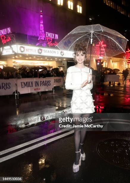 Lily Collins attends the Emily In Paris, Paris Theater Premiere at Paris Theater on December 15, 2022 in New York City.