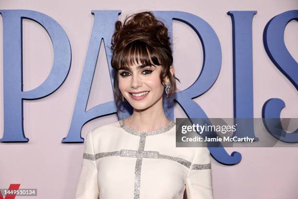 Lily Collins attends the Emily In Paris French Consulate Red Carpet at French Consulate on December 15, 2022 in New York City.