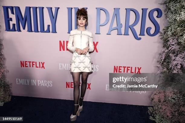 Lily Collins attends the Emily In Paris French Consulate Red Carpet at French Consulate on December 15, 2022 in New York City.