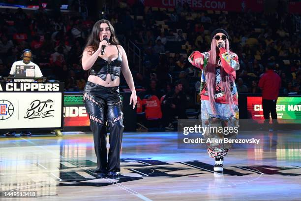 Lauren Jauregui and Snow Tha Product perform during halftime of a basketball game between the Los Angeles Clippers and the Phoenix Suns at Crypto.com...