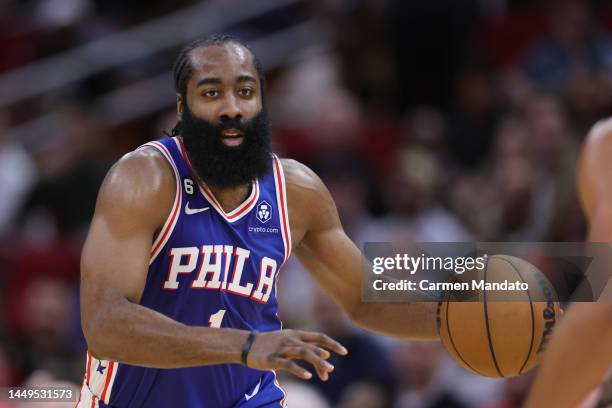 James Harden of the Philadelphia 76ers in action against the Houston Rockets at Toyota Center on December 05, 2022 in Houston, Texas. NOTE TO USER:...
