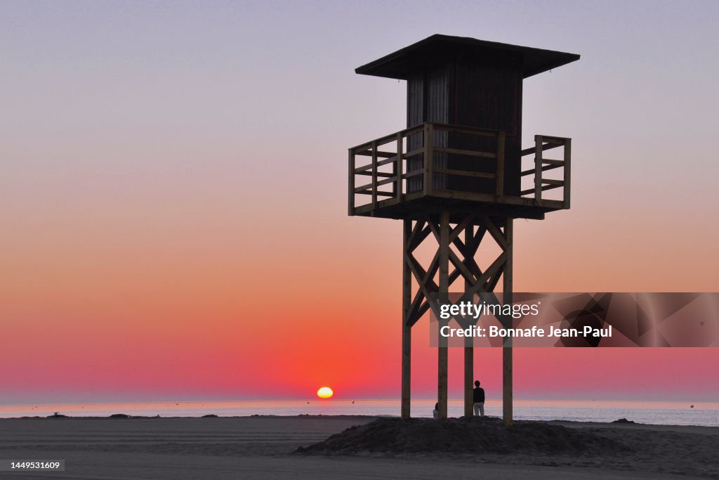 Emergency station in the rising sun