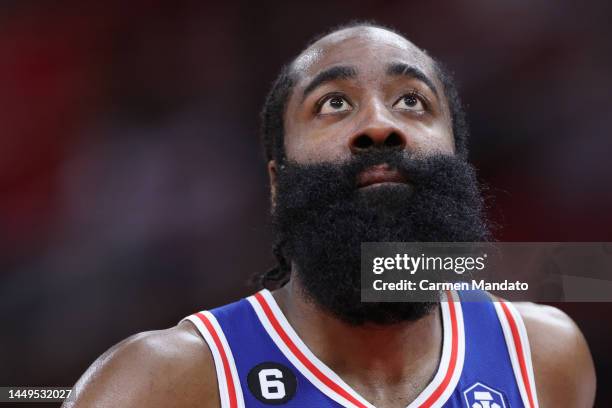 James Harden of the Philadelphia 76ers in action against the Houston Rockets at Toyota Center on December 05, 2022 in Houston, Texas. NOTE TO USER:...