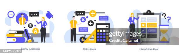 digital classroom, educational exam, mathematic class illustrations for web and mobile. - primary school maths stock illustrations
