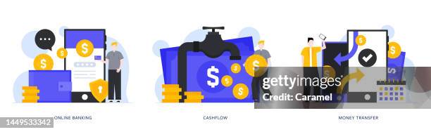 online banking, cashflow, money transfer illustrations for web and mobile. - cashflow stock illustrations