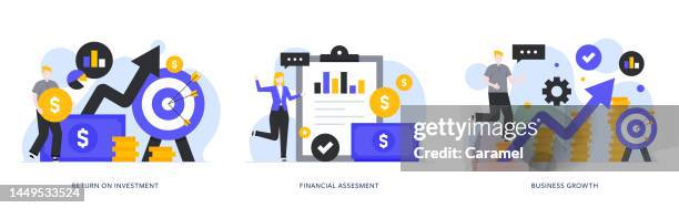 roi, assessment, growth illustrations for web and mobile. - return on investment stock illustrations