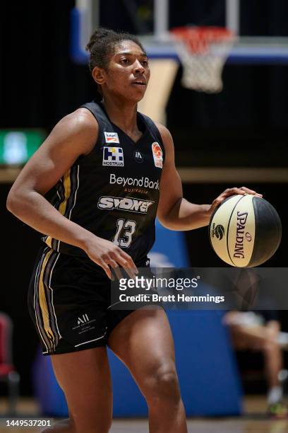 Jocelyn Willoughby of the Flames controls the ball during the round six WNBL match between Sydney Flames and Melbourne Boomers at Quay Centre, on...