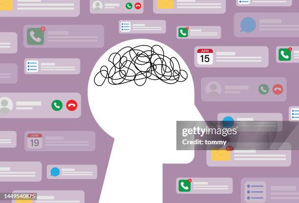 illustrazioni stock, clip art, cartoni animati e icone di tendenza di stress e ansia da un telefono cellulare - sovraccarico cognitivo