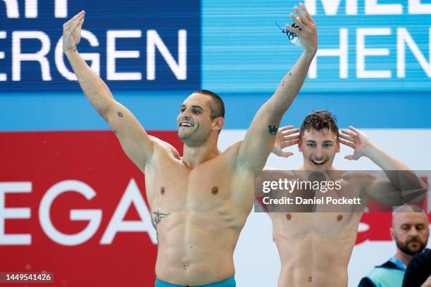 Maxime Grousset and Florent Manaudou of France celebrate winning gold in the Mixed 4x50m Freestyle Final, in a new world record time of 1:27.33 on...