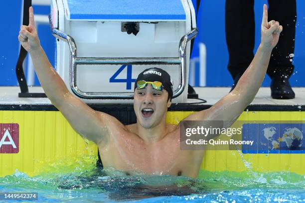 Daiya Seto of Japan celebrates winning gold in the Men's 200m Breaststroke Final on day four of the 2022 FINA World Short Course Swimming...