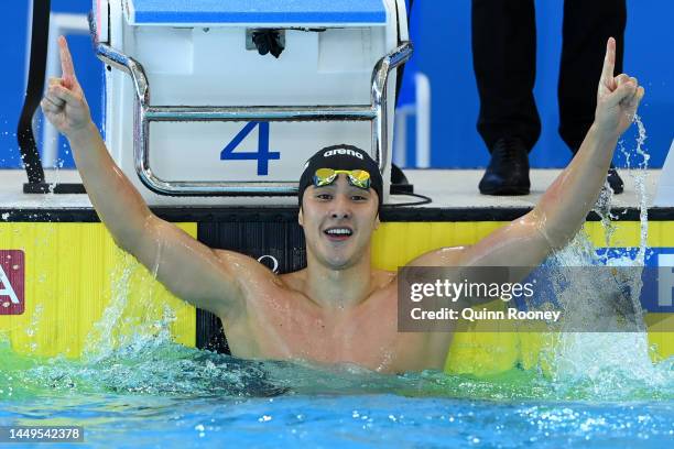 Daiya Seto of Japan celebrates winning gold in the Men's 200m Breaststroke Final on day four of the 2022 FINA World Short Course Swimming...