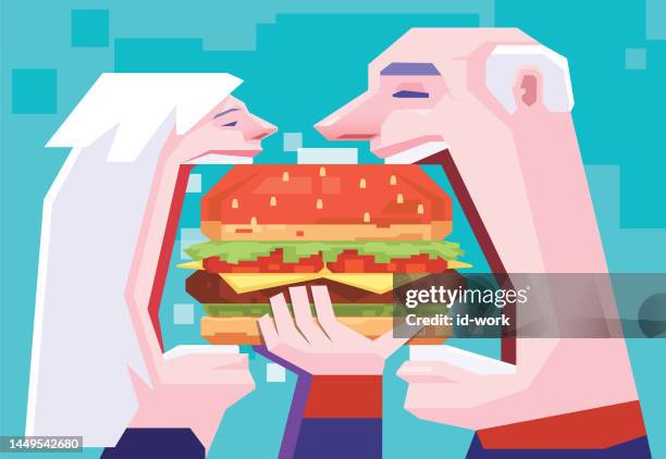 ilustraciones, imágenes clip art, dibujos animados e iconos de stock de pareja mayor comiendo hamburguesa grande - fat female cartoon characters