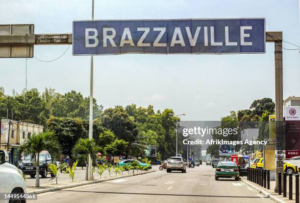 Sign indicating 'Brazzaville' not far from the Maya-Maya airport, February 16, 2018. A sign indicating 'Brazzaville' not far from the Maya-Maya...