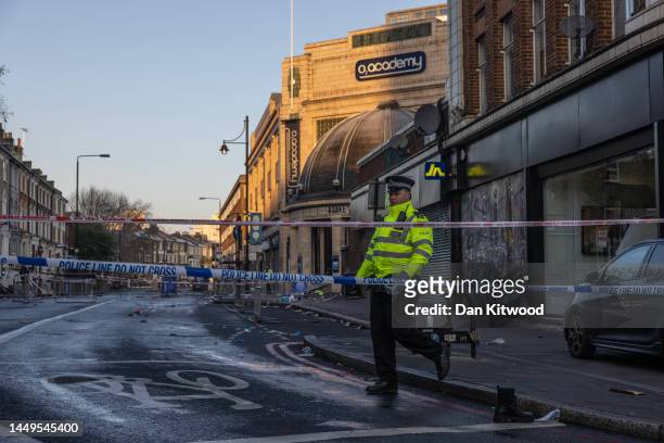 Brixton's 02 Academy is cordoned by police off on December 16, 2022 at the Brixton O2 Academy in London, England. Police were called to the venue...