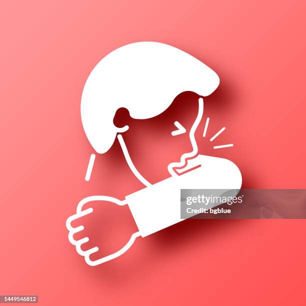 stockillustraties, clipart, cartoons en iconen met cough or sneeze into elbow. icon on red background with shadow - niezen