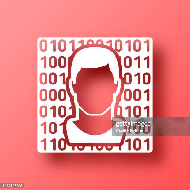 male face with binary code. icon on red background with shadow - red binary code stock illustrations