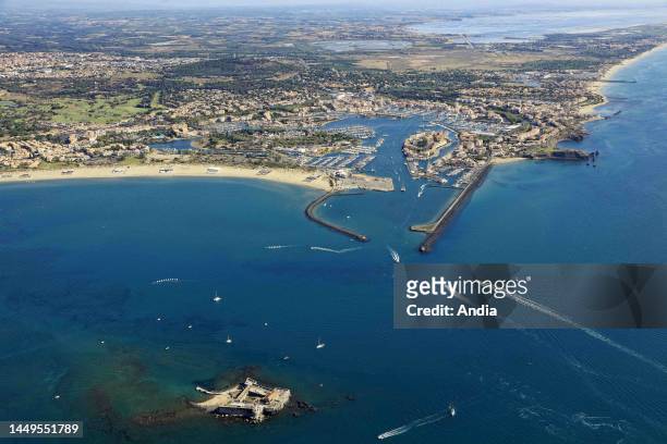 Le Cap d'Agde in the Herault department : aerial view of the seaside resort and the marina.