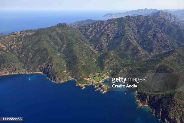 Southern Corsica, Corse-du-sud department, Orsani: aerial view of the hamlet of Girolata, in the Scandola Nature Reserve registered as a UNESCO World...