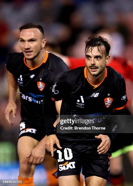 Nikola Mileusnic of the Roar celebrates scoring a goal during the round eight A-League Men's match between Newcastle Jets and Brisbane Roar at...